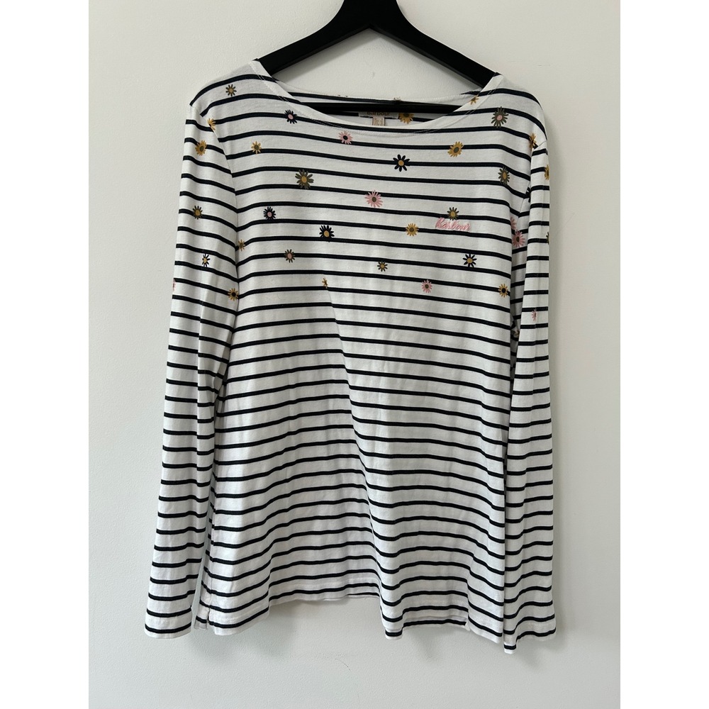 Barbour Bradley Print Top Womens 10 White Navy Stripe Floral Long Sleeve Cotton